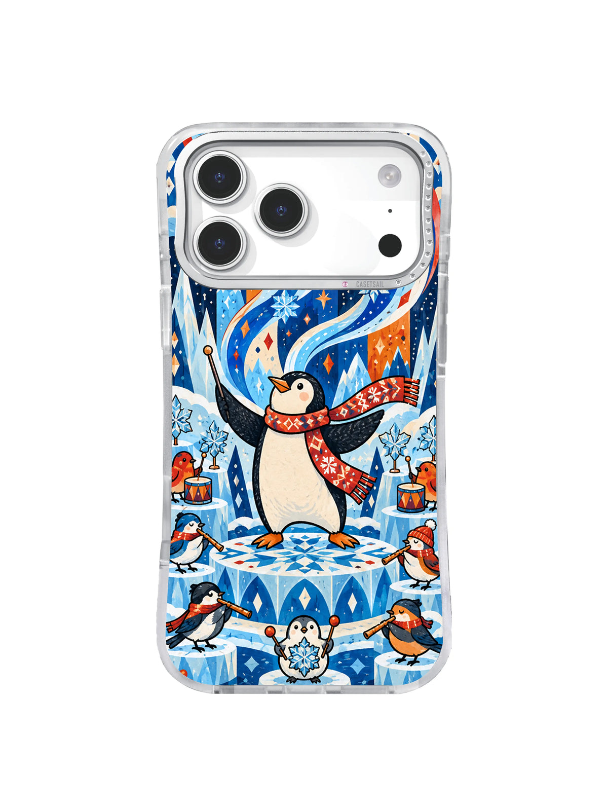 North Wind Penguin Conductor iPhone 17 Pro Max case in Blue Ribbon Rhythm artwork
