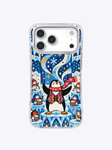 Front view of North Wind Penguin Conductor artwork on an iPhone 17 Pro Max case