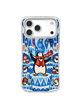North Wind Penguin Conductor iPhone 17 Pro Max case in Scarlet Scarf Snow Orchestra artwork