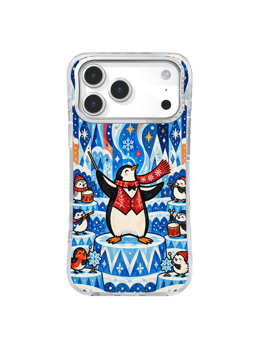 North Wind Penguin Conductor iPhone 17 Pro Max case in Scarlet Scarf Snow Orchestra artwork