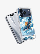 Angled clear iPhone case showing Northwind Whale House artwork