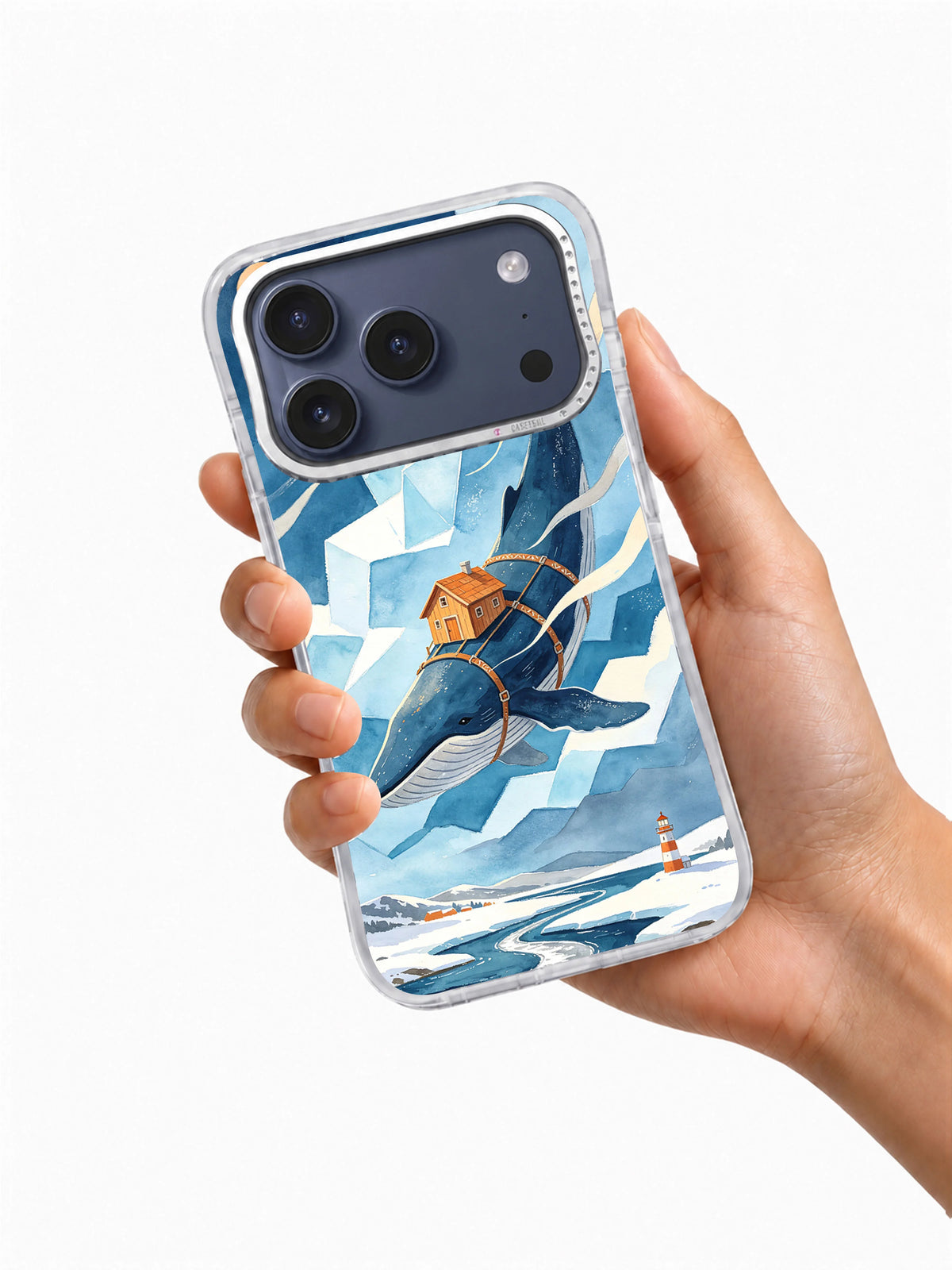 Hand holding an iPhone case printed with Northwind Whale House artwork