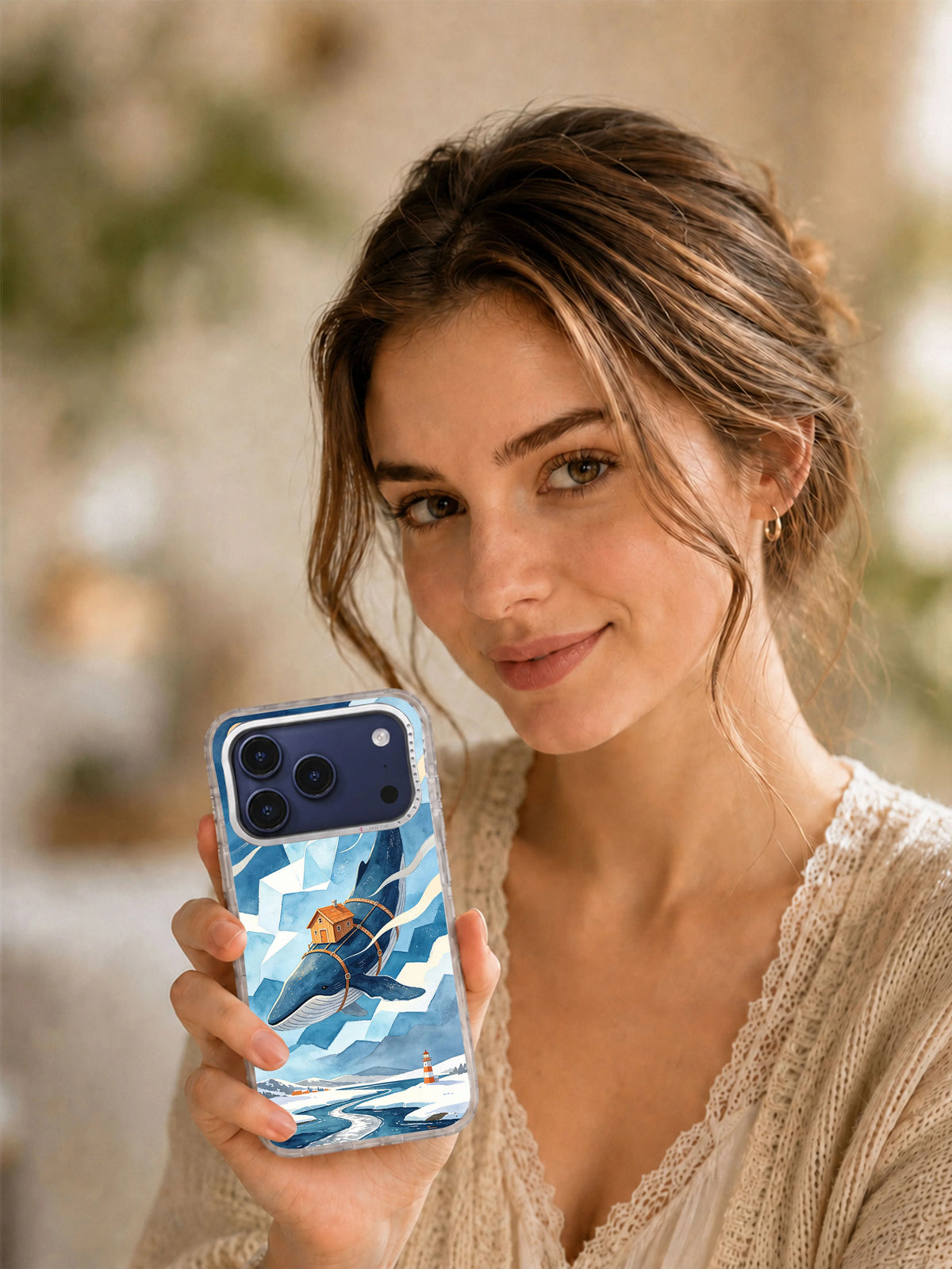 Lifestyle view of Northwind Whale House artwork on an iPhone case
