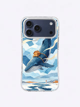 Amber cabin carried by a blue whale through icy clouds phone case art