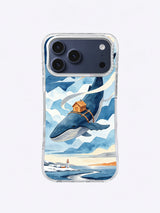 Blue whale above a lighthouse and winding winter coast phone case design