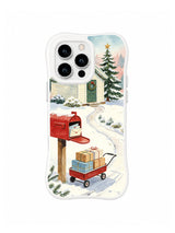 Northwood Mail Station iPhone 16 Pro case with a red mailbox, parcel cart and star-topped pine