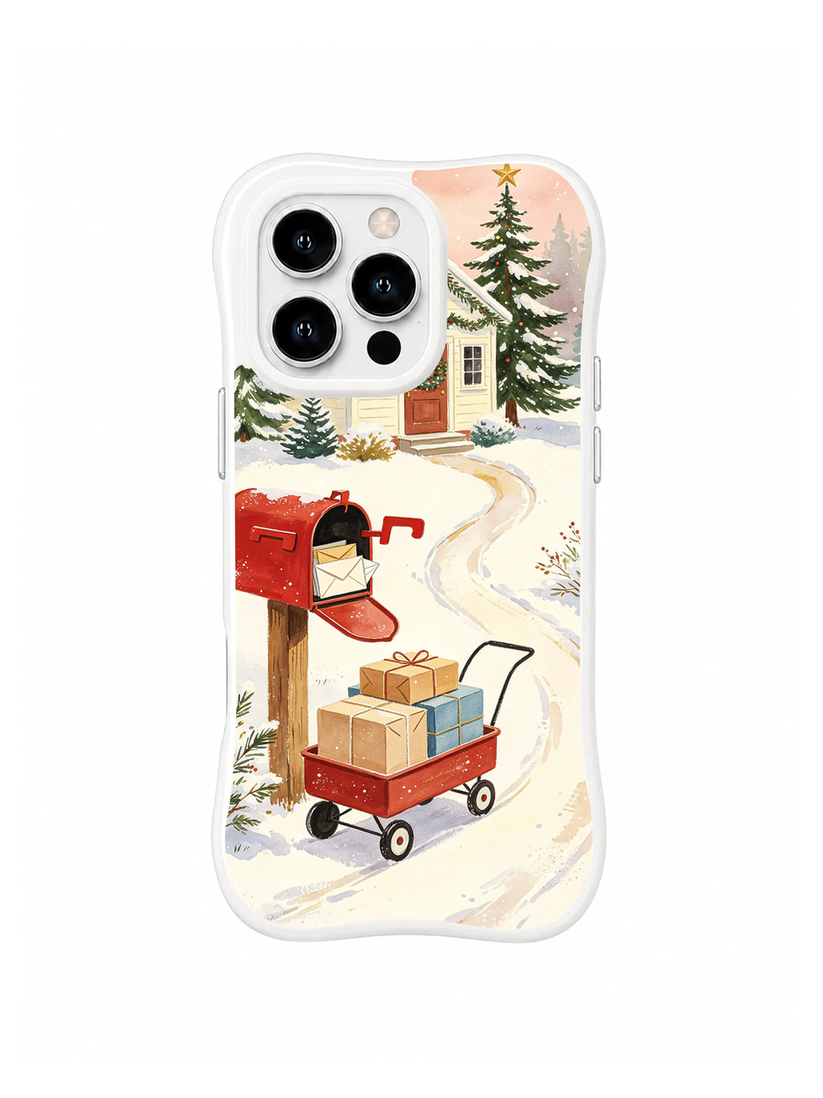 Northwood Mail Station illustration with powder-blue snow, dusty-pink sky and a parcel wagon