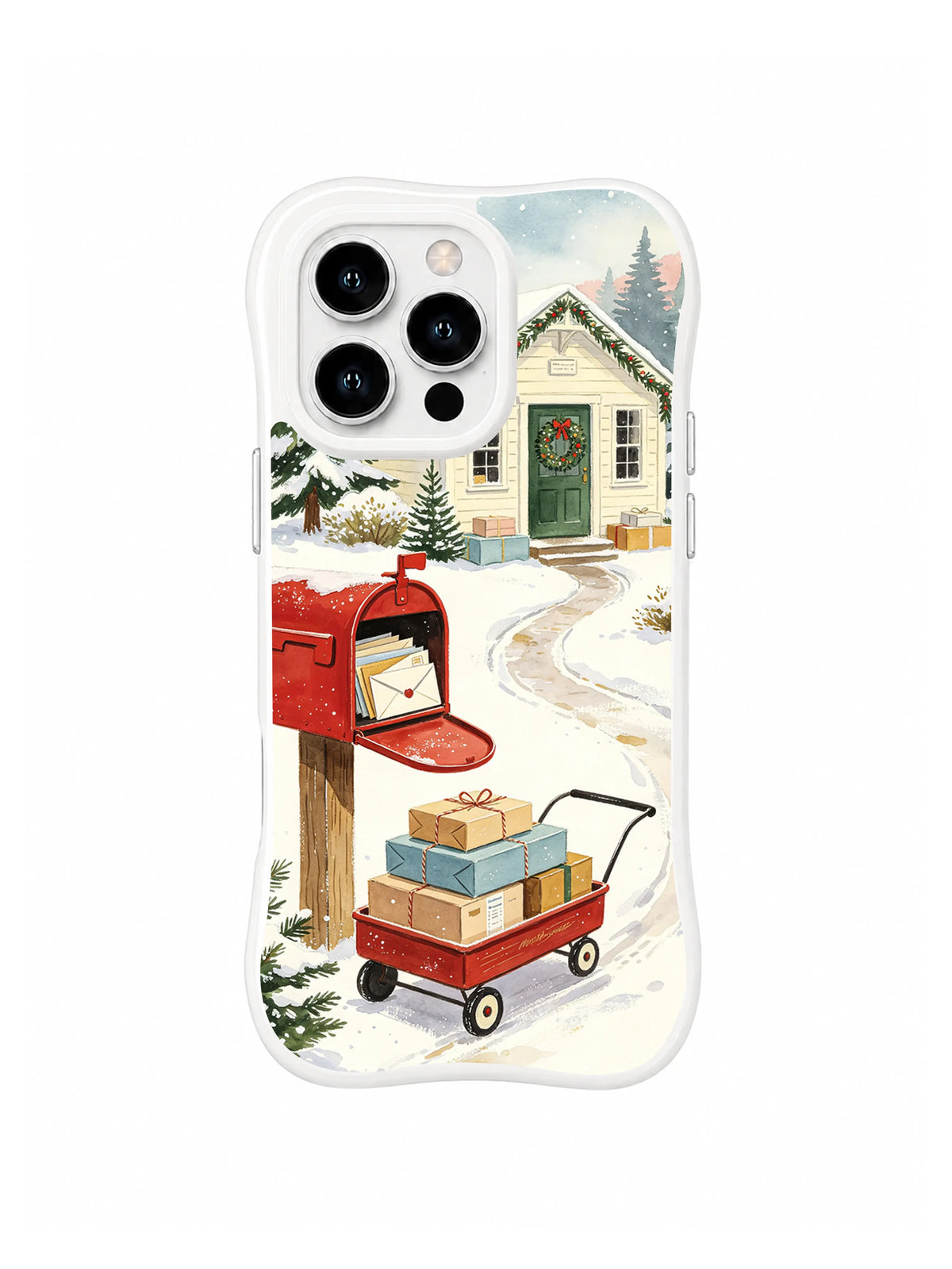 Northwood Mail Station iPhone 16 Pro case showing a wreath door and red rural mailbox