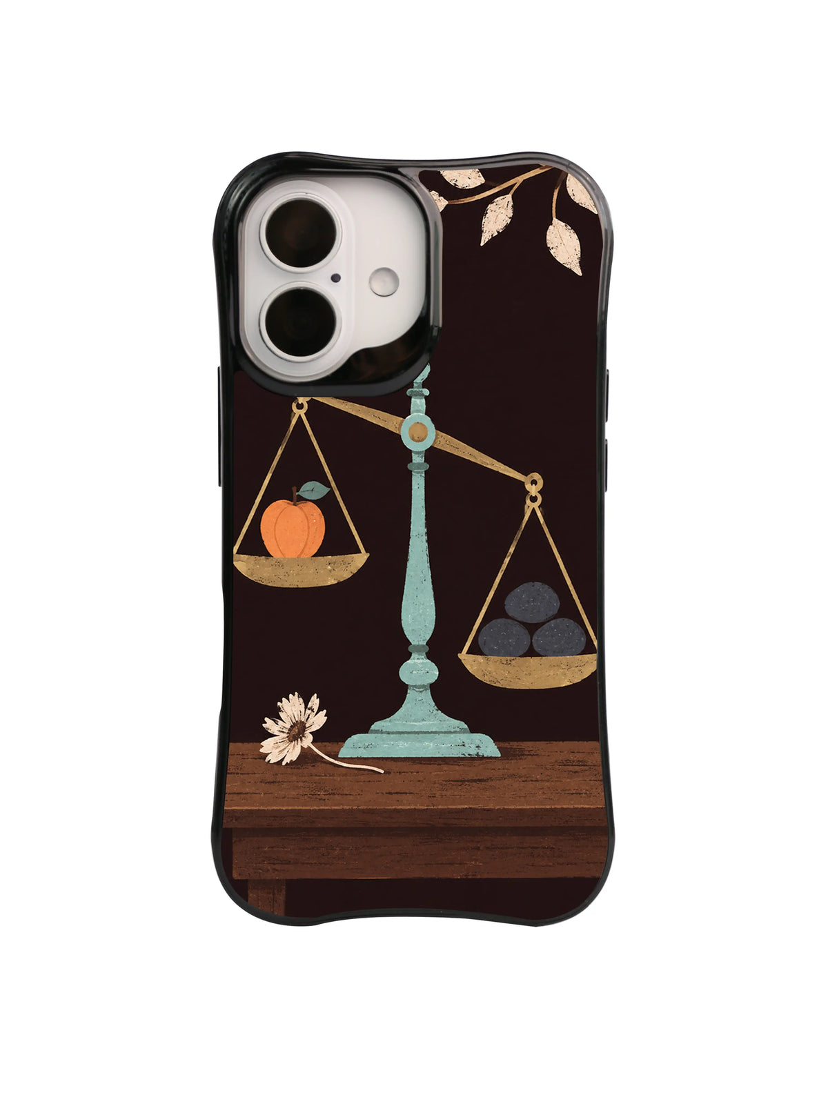 Apricot Worth balance scale artwork on a black iPhone case