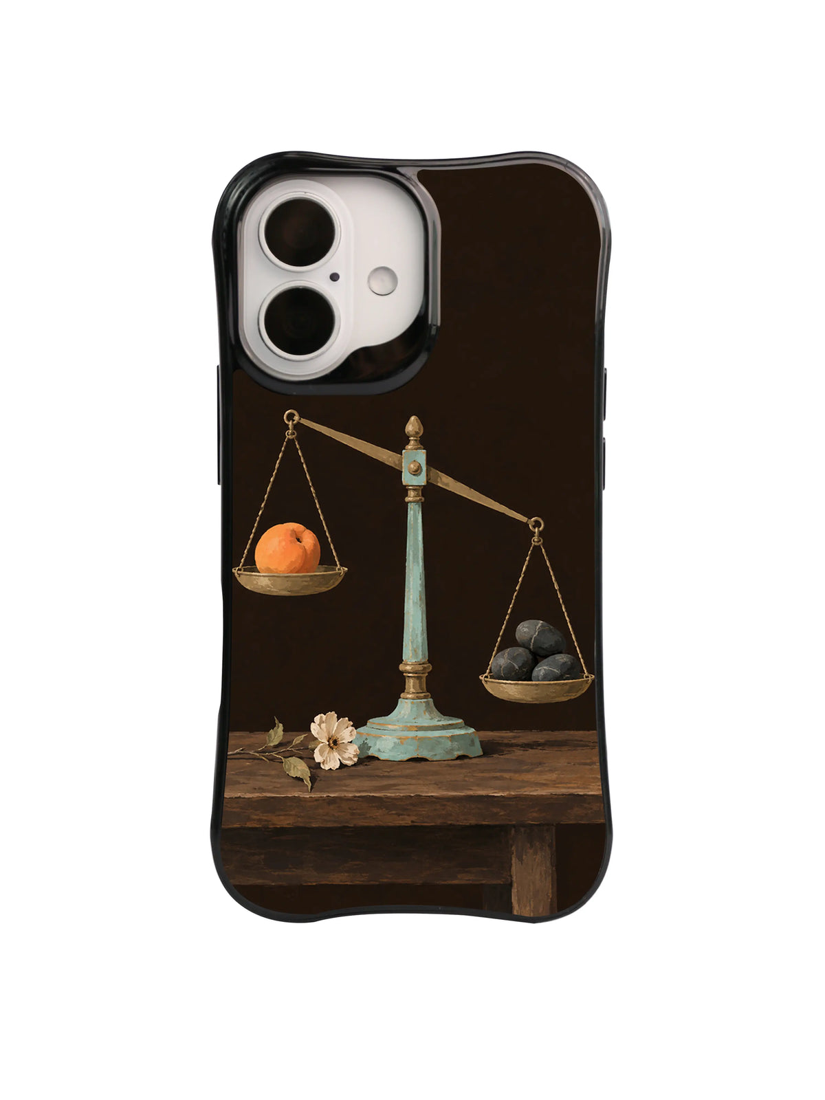 Beyond Comparison apricot and tilted scale artwork on a black iPhone case