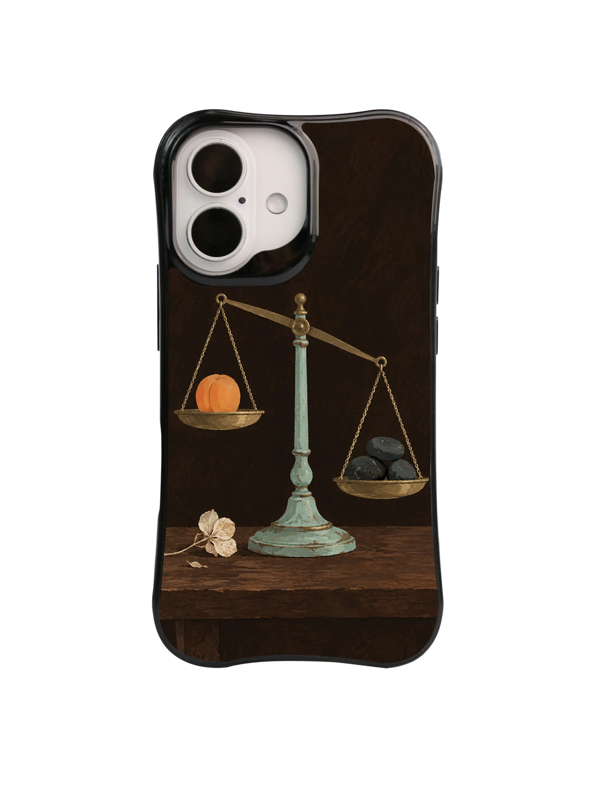 Quiet Measure apricot and river stones artwork on a black iPhone case