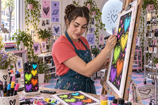 AI studio visualization of Nova Heartwell creating phone-case artwork, with a finished case on a stand