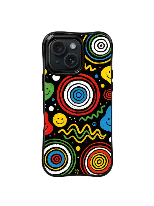 Electric Childhood retro pop art iPhone 15 Pro case front view with colorful target circles