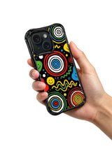 Electric Childhood colorful retro art iPhone 15 Pro case held in hand