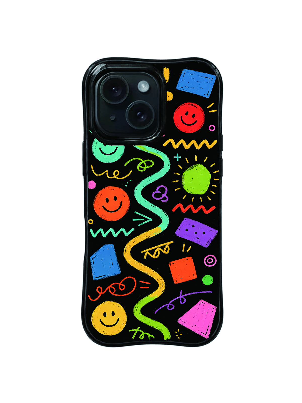 Electric Target Playground pattern iPhone 15 Pro case with colorful circles and smiley faces