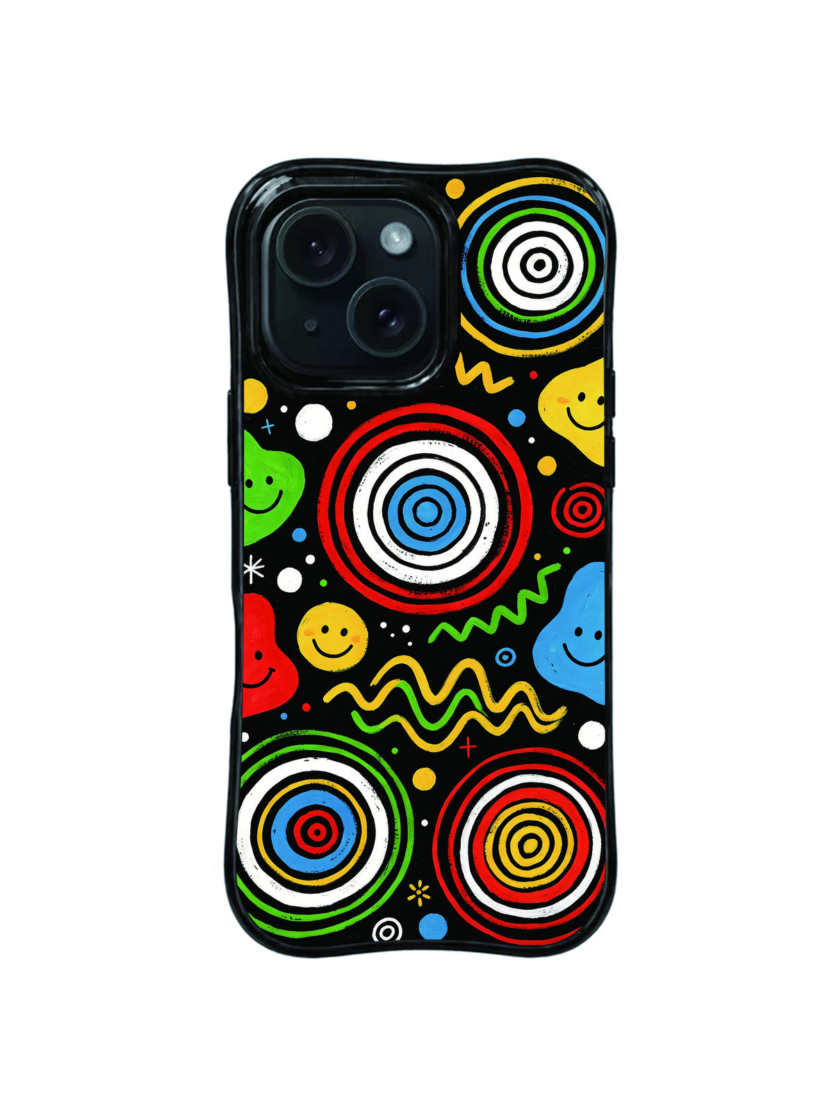 Cosmic Playground Rush pattern iPhone 15 Pro case with flowing bands and smiling orbs