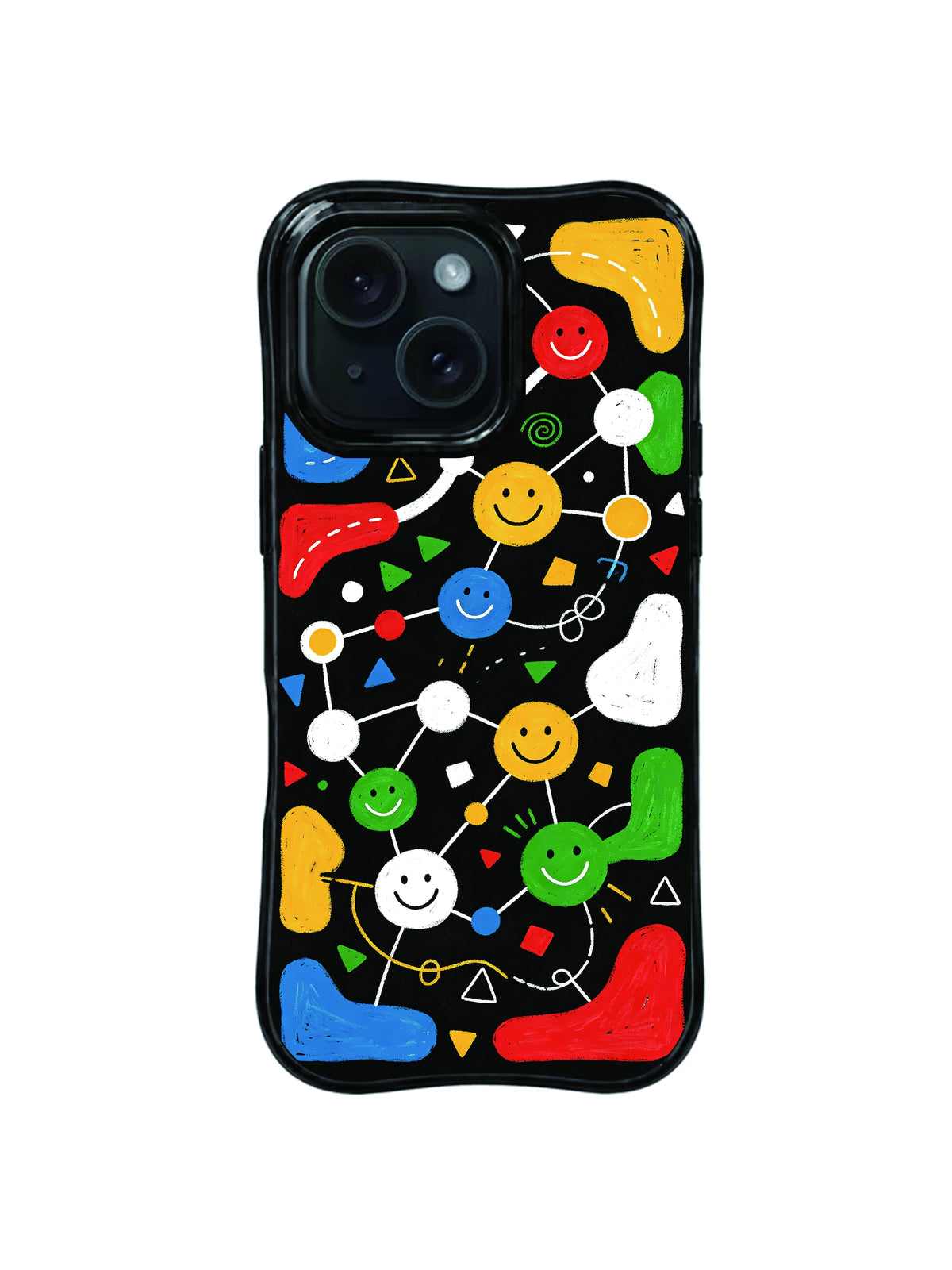 Connected Joy Circuit pattern iPhone 15 Pro case with linked smiley faces and geometric forms