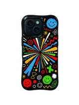 Color Burst Celebration pattern iPhone 15 Pro case with radiating brushstrokes and doodles