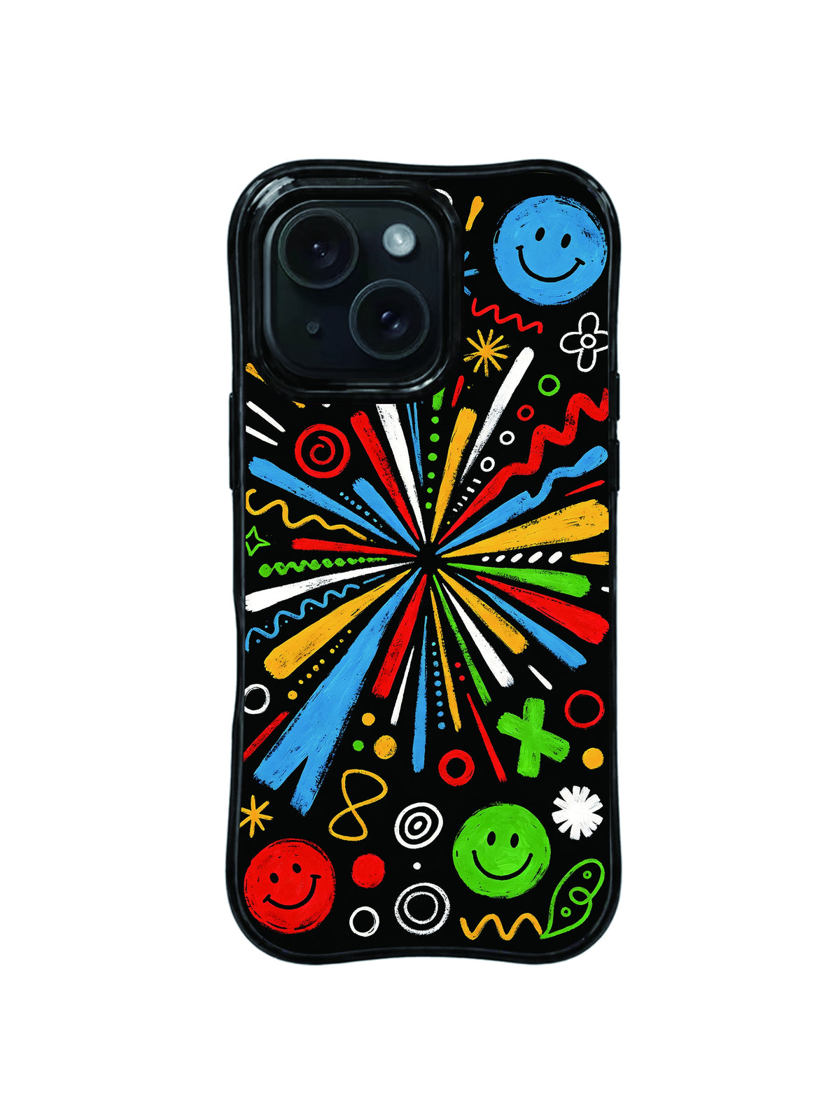 Color Burst Celebration pattern iPhone 15 Pro case with radiating brushstrokes and doodles