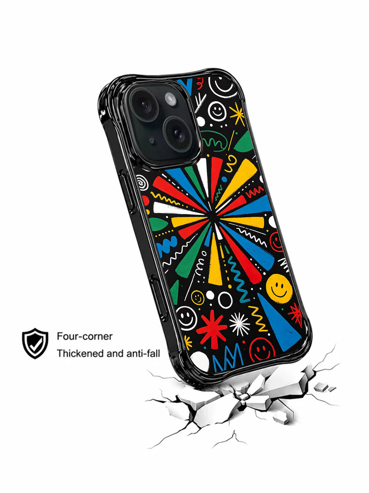Happy Signal black pop art iPhone 15 Pro case lifestyle image