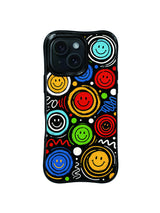 Smiley Orbit Party pattern iPhone 15 Pro case with colorful circular faces