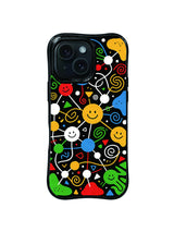 Joy Code Network pattern iPhone 15 Pro case with connected colorful smiling forms