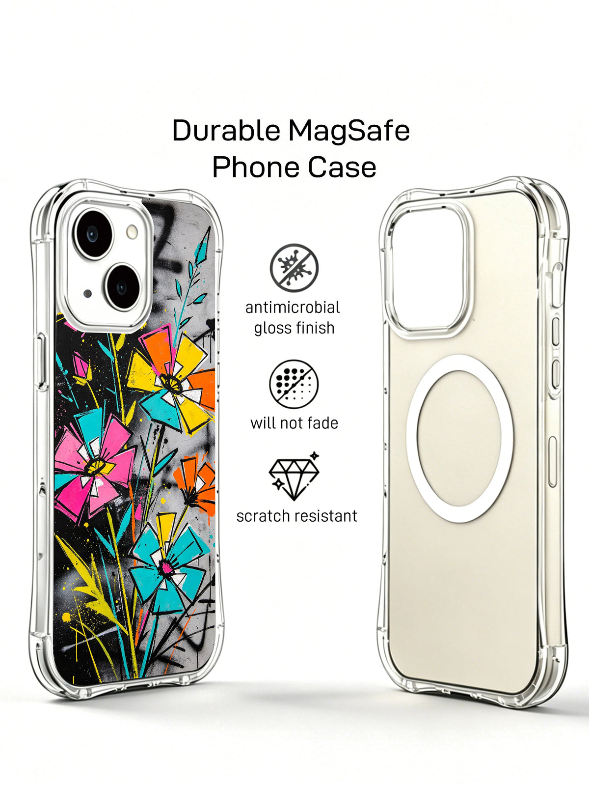 Wildflower Revolution clear iPhone 14 Plus case detail