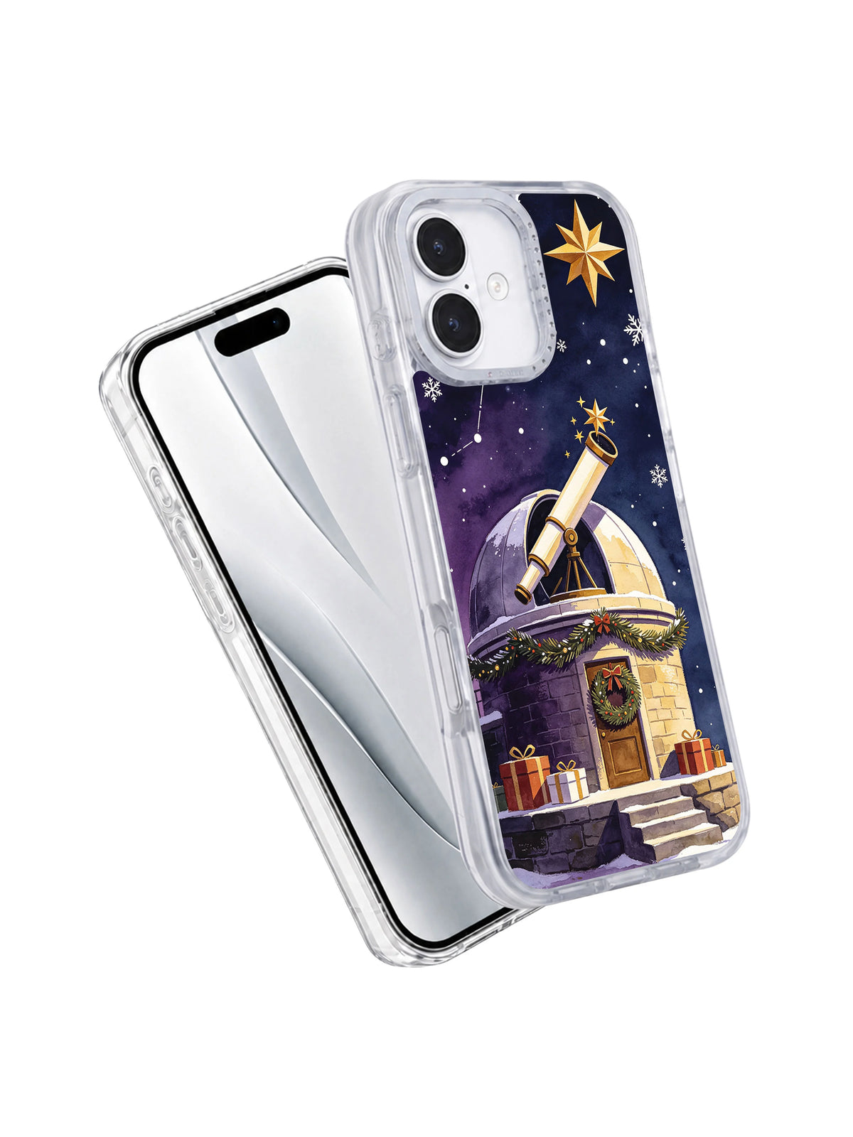 Angled front and back view of The Observatory’s Winter Wish iPhone 17 case