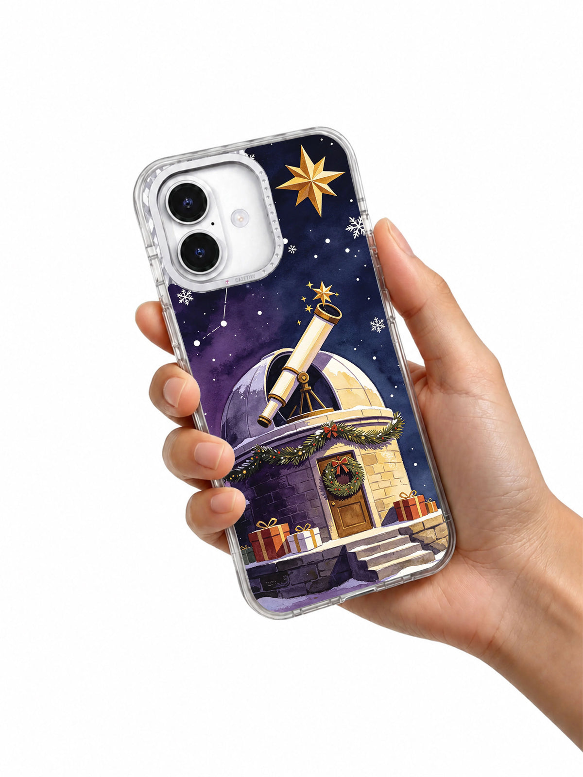 The Observatory’s Winter Wish iPhone 17 case shown in hand