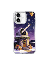 Cream observatory tower with stone steps, gifts, telescope, and violet sky on an iPhone 17 case