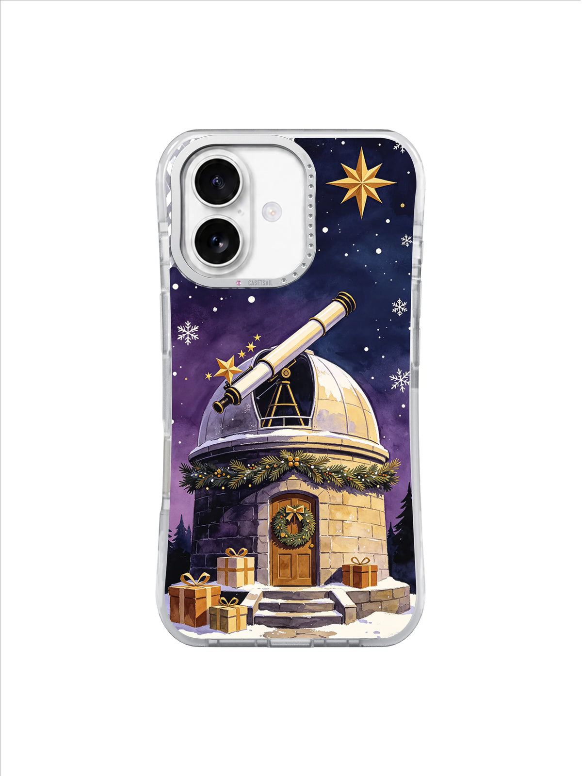 Golden-domed observatory beneath a navy star field with winter gifts on an iPhone 17 case