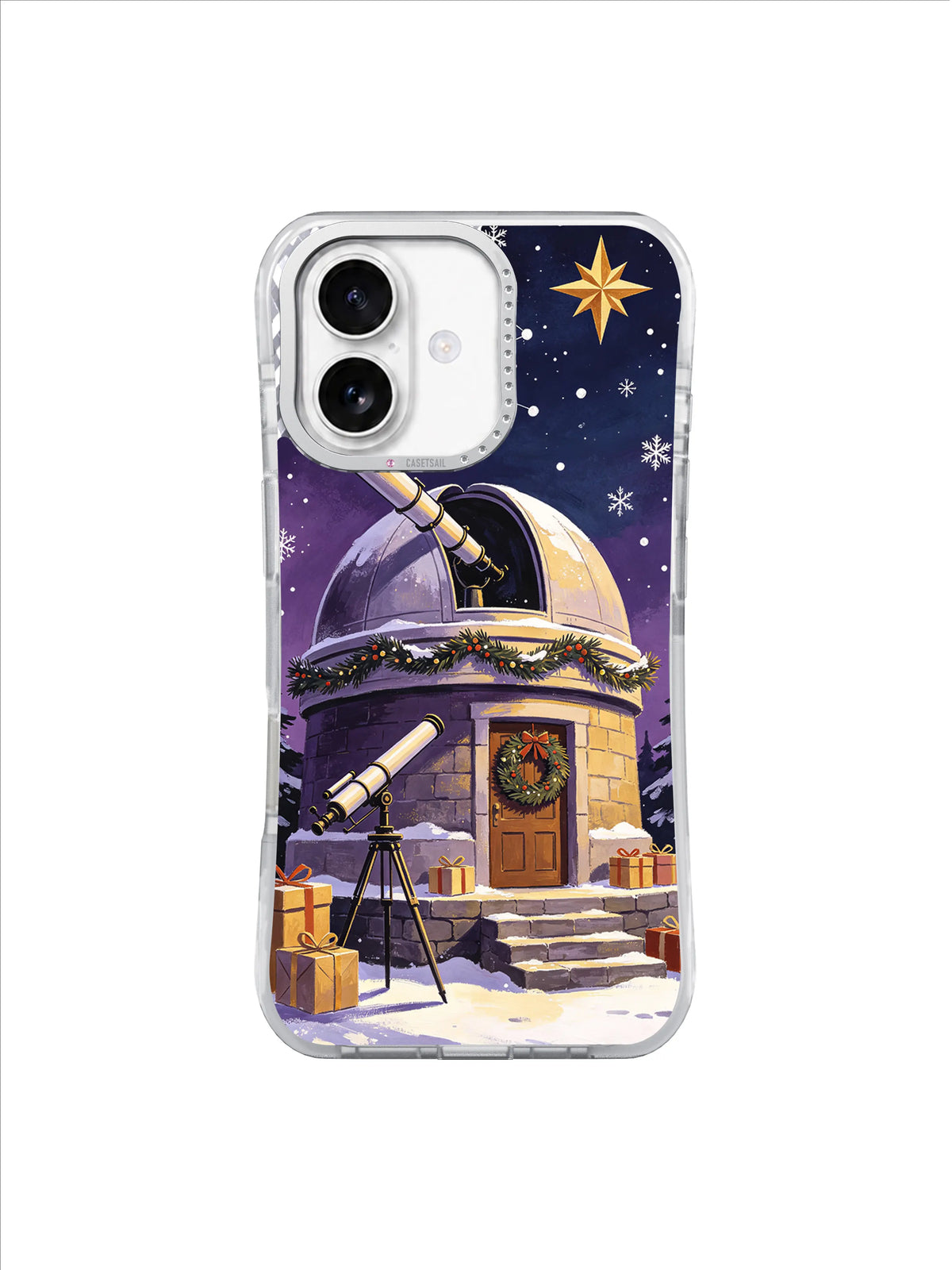 Domed observatory with an outdoor telescope under a midnight constellation sky on an iPhone 17 case