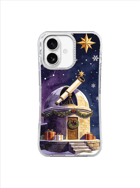 Winter observatory with a diagonal telescope, gold star, wreath, and gifts on an iPhone 17 case