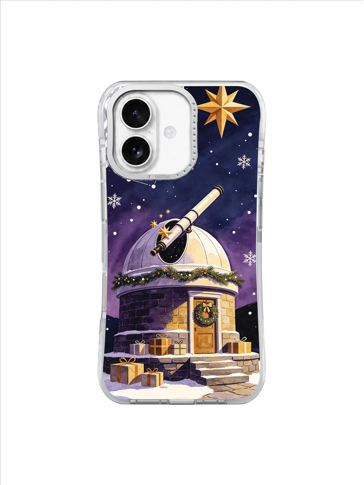Telescope crossing a violet winter sky above a wreath door and gifts on an iPhone 17 case
