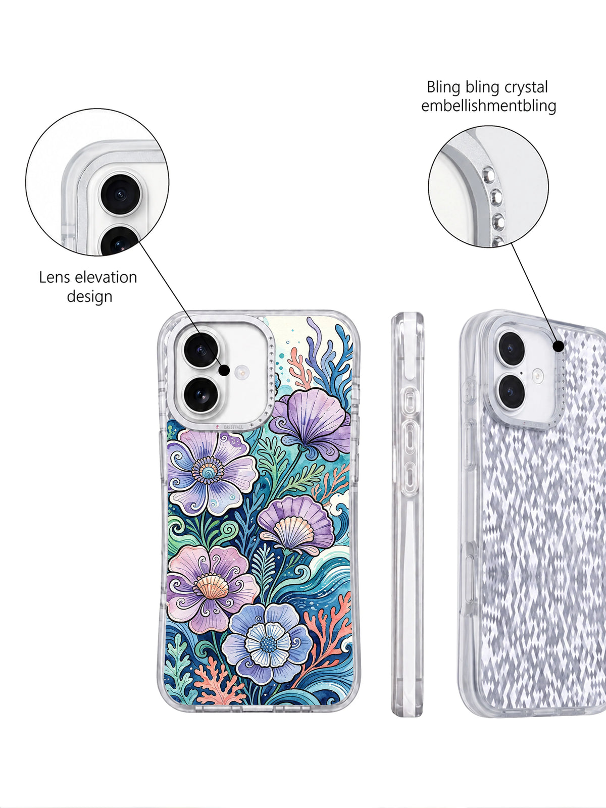 Rhinestone camera frame ocean floral iPhone 17 case detail