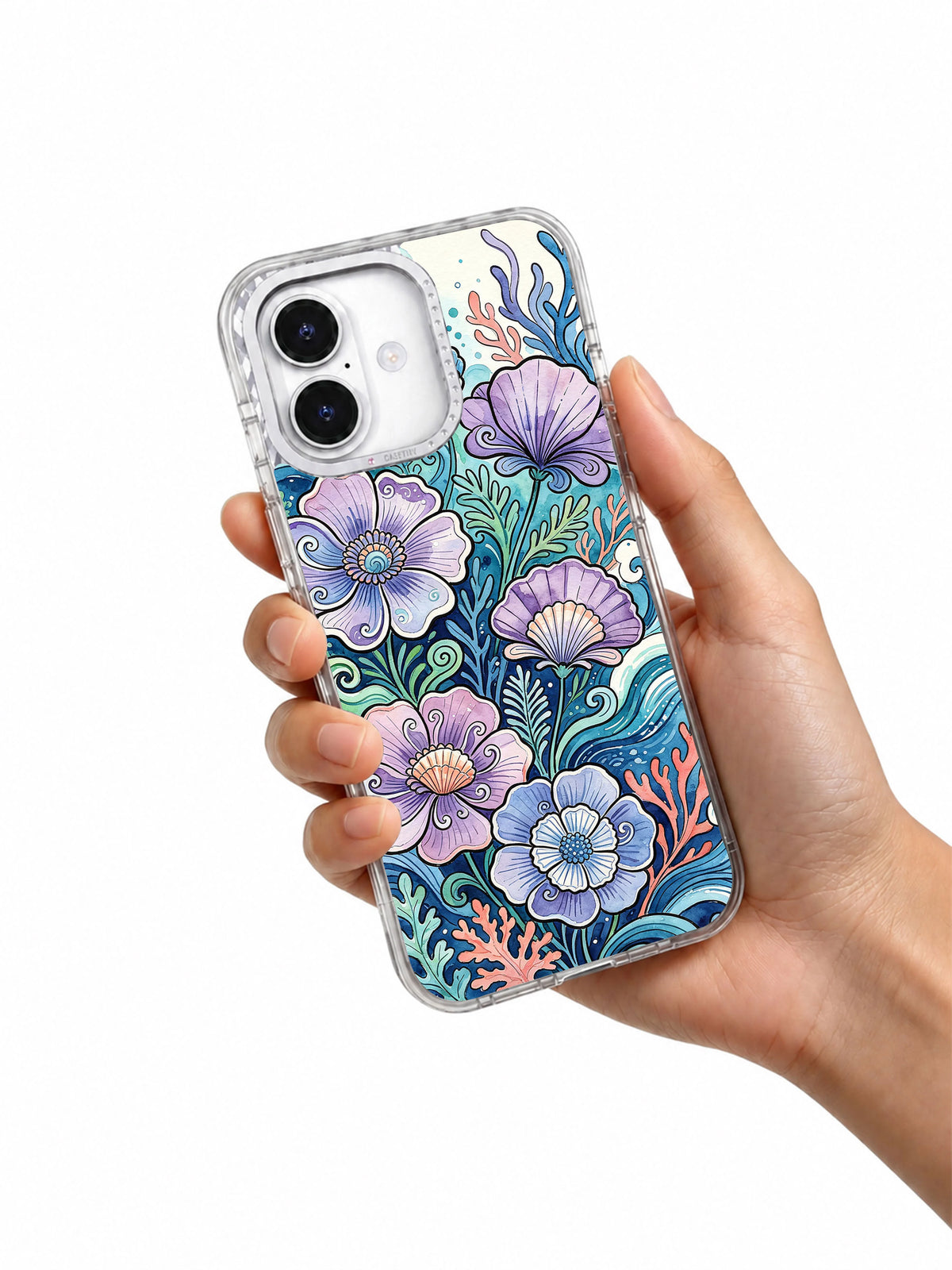 Ocean floral art iPhone 17 case held in hand