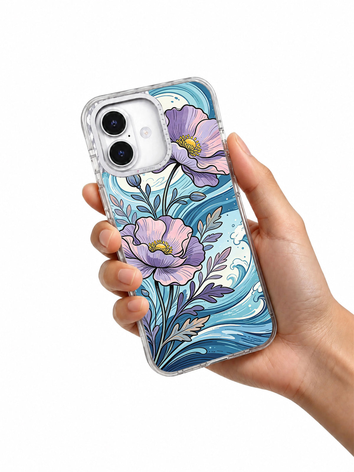 Ocean flower art iPhone 17 case held in hand