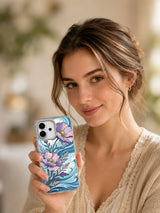 Artist-designed coastal floral iPhone 17 case lifestyle image