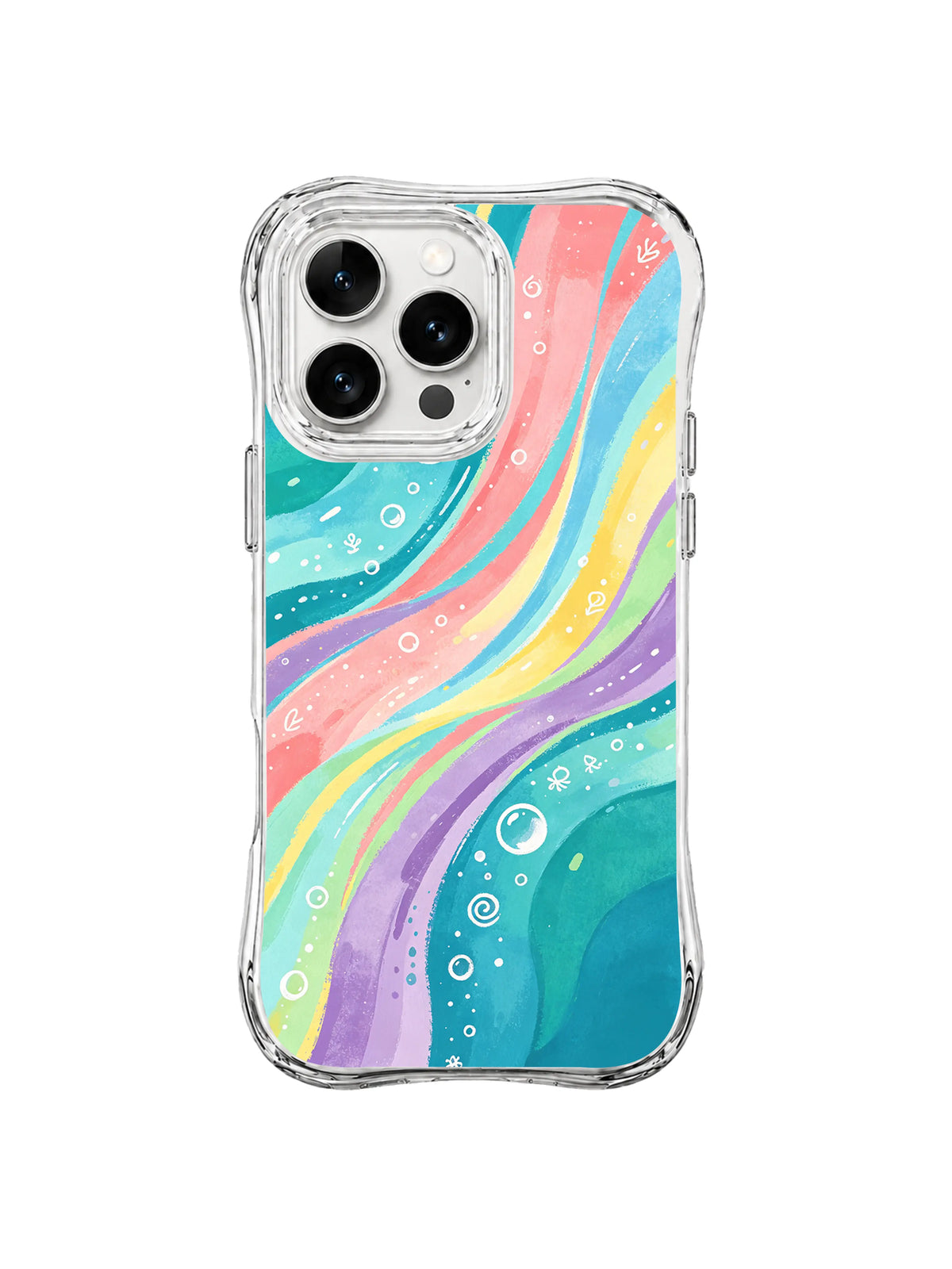 Rainbow Ocean Current: Baloncuklar ve küçük deniz benzeri işaretler kıvrılan mercan, mavi, sarı, lavanta ve turkuaz şeritleri izler.
