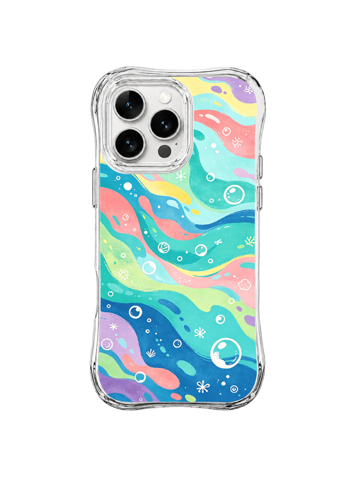 Seafoam Bubble Drift: Çok sayıda çizgili baloncuk turkuaz, mercan, nane, lavanta ve mavi akıntılarda süzülür.