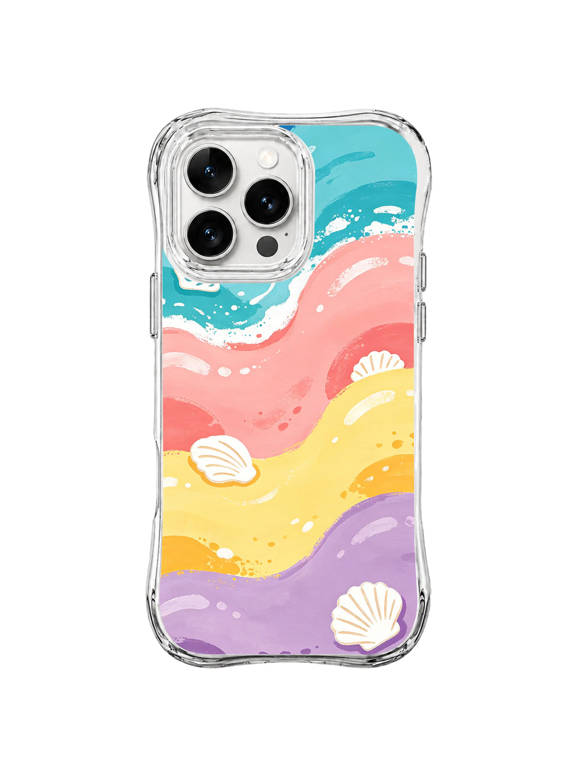 Coral Shell Shorelines: Turquoise, coral, yellow and lavender shoreline bands are dotted with white shells.