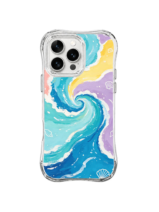 Ocean Spiral Shells: Turquoise, deep blue, yellow and lavender currents spiral around small white shell outlines.