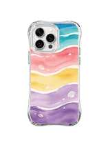 Pastel Tidal Horizons: Horizontal turquoise, coral, yellow and lavender tides contain small white shells.