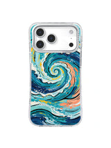 Seafoam Echo Spiral: Turkuaz, lacivert, beyaz ve mercan akıntılar köpüklü spiralde kıvrılır.