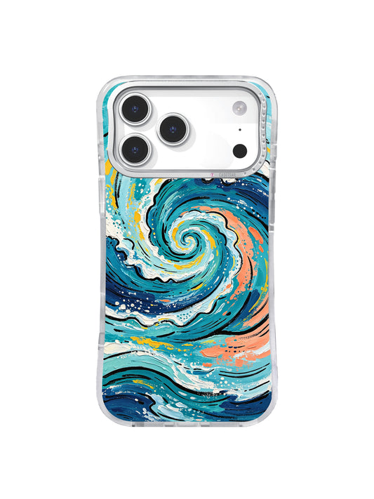 Seafoam Echo Spiral: Turkuaz, lacivert, beyaz ve mercan akıntılar köpüklü spiralde kıvrılır.