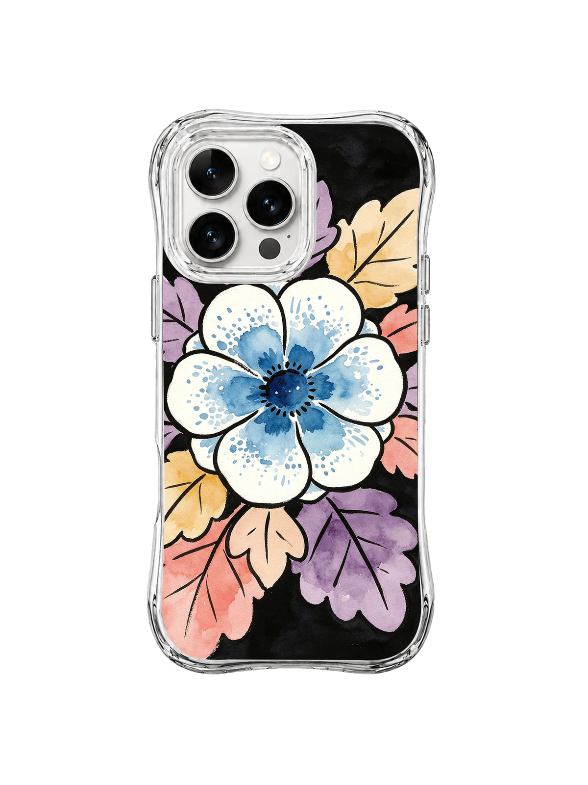Seafoam Blue Bloom: A large blue-and-white flower sits over coral, yellow and purple leaves on black.