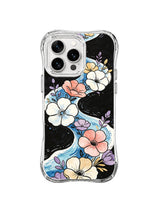 Coastal Flower Current: White, blue, peach and purple flowers border a winding black current through the center.