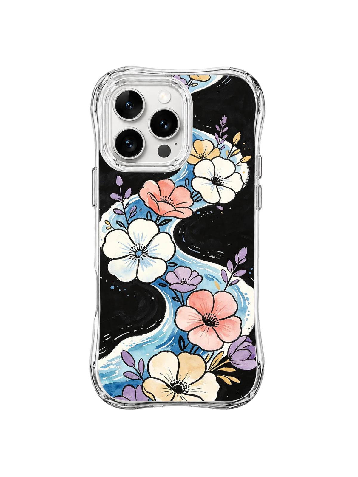 Coastal Flower Current: White, blue, peach and purple flowers border a winding black current through the center.