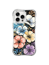 Ocean Sunset Petal Meadow: Blue, coral, yellow and lavender flowers cluster with dark branches and blue leaves.