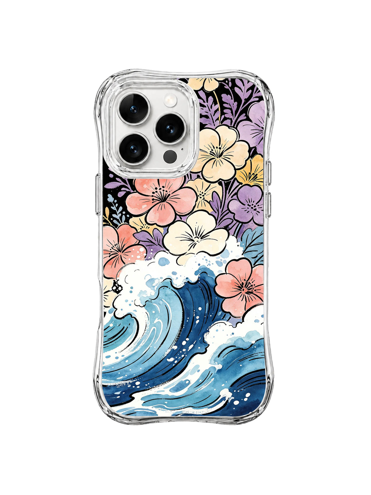 Blossoming Ocean Wave Garden: A curling blue wave rises below peach, cream, lavender and yellow flowers.